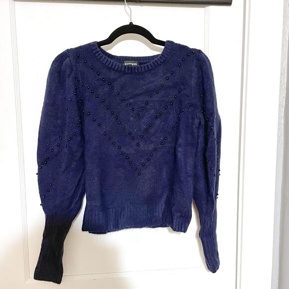 Express Chevron Beaded Blouson Long Puff Sleeve Navy Blue Sweater XS - Picture 1 of 5